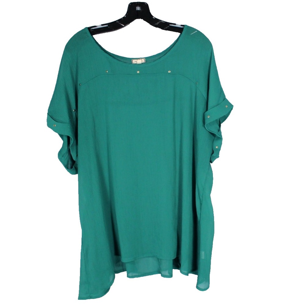 EYESHADOW Sheer CREPE CHIFFON Gold Studs CUFF SLEEVES Green BLOUSE/TOP Sz 3X